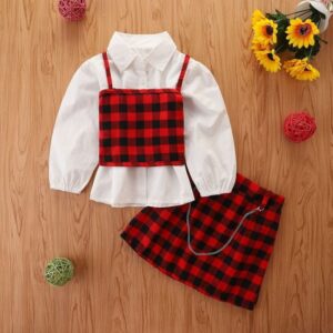 Girls Basic Lapel Long Sleeve Blouse And Plaid Vest With Skirt Set