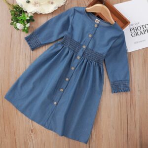 Girls Summer Casual Long-sleeved Round Neck Single-breasted Elastic Creased Dress