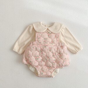 Baby Girl Fashion Fleece-Lined Lapel Long-Sleeve Top Floral Printed Rompers Two-Piece Set