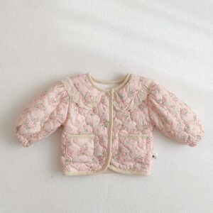 Baby Girl Fashion Fleece-Lined Lapel Long-Sleeve Floral Printed Coat
