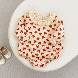 Baby Girl Cute Cartoon Printed Lotus Collar Long Sleeve Rompers