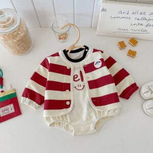 Baby Girl Fashion Casual Stripe Coat Long-Sleeve Rompers Two-Piece Set