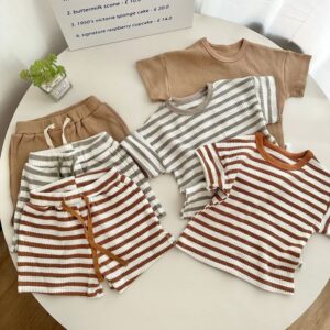 Baby Boys And Girls Fashion Casual Stripe Waffler Short-Sleeve T-Shirt Shorts Two-Piece Set