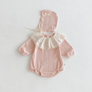 Baby Girl Fashion Lace Splicing Round Neck Long Sleeve Rompers Hat Set
