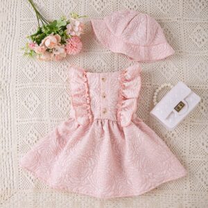 Baby Girl Fashion Elegant Jacquard Ruffled Sleeve Party Dress Hat Two-Piece Set