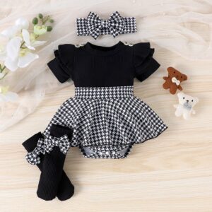 Baby Girl Fashion Cute Ruffled Short Sleeve Grid Printed Rompers Socks Headwear Three-Piece Set