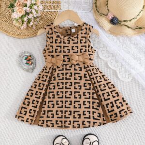 Baby Girl Fashion Geometric Pattern Printed Sleeveless Bowknot Dress