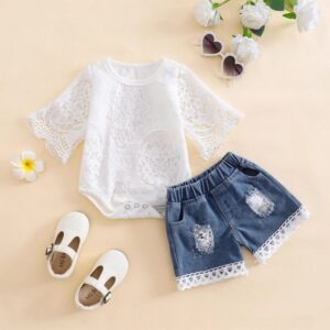 Baby Girl Fashion Casual Lace Hollow Long-Sleeve Bodysuits Denim Shorts Two-Piece Set
