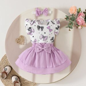 Baby's Fashion Bow Print Top And Skirt Three-Piece Set