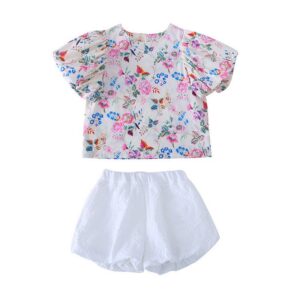 Girls Pastoral Floral Puff Sleeve Blouse And Bloomers Set