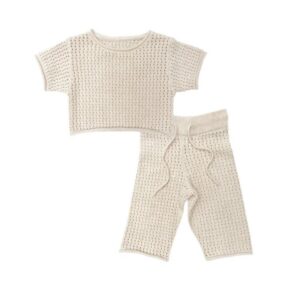 Baby Casual Solid Color Hollow Breathable Curled Knitted Short-Sleeve Top Loose Pants Two-Piece Set