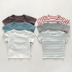 Kids Baby Fashion Casual Solid Color Stripe Cotton Round Neck Short-Sleeve T-Shirt