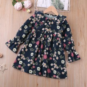 Girls Sweet Lapel Horn Sleeve Design Floral Dress