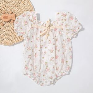 Baby's Fashion Cotton Floral Printed Bowknot Short Puff Sleeve Romper