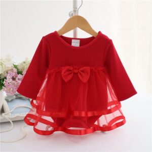 Baby Fashion Solid Color Mesh Splicing Bowknot Long-Sleeve Romper