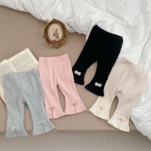Kids Baby Girls Casual Cute Bow Solid Color Rib-Knit Trousers