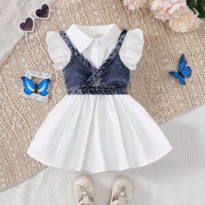 Short-Sleeved Shirt Dress Cute Baby Girl Denim Vest Set