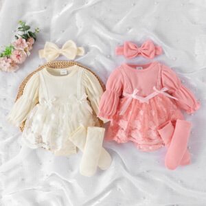 Kids Baby Girls Cute Bow Mesh Long Sleeve Romper