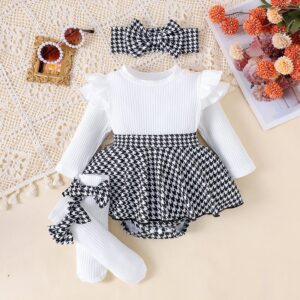 Kids Baby Girls Casual Cute Bow Houndstooth Long Sleeve Romper