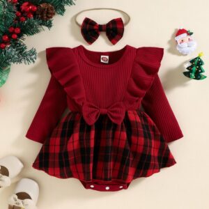 Kids Baby Girls Casual Cute Bow Plaid Long Sleeve Romper