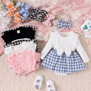 Kids Baby Girls Casual Cute Bow Plaid Long Sleeve Romper