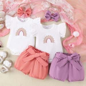 Kids Baby Girls Casual Cute Rainbow Short Sleeve Romper Shorts Sets