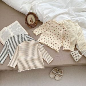 Kids Baby Girls Tiny Flower Stripe Polka Dot Long Sleeve Top