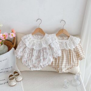 Kids Baby Girls Casual Cute Plaid Print Long Sleeve Romper