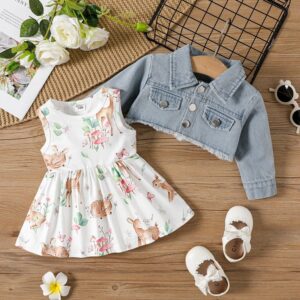 Kids Baby Girls Casual Tiny Flower Print Long Sleeve Denim Jacket Dress Sets