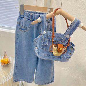 Kids Girls Casual Solid Color Sleeveless Top And Elastic Waist Denim Wide Leg Pants Set