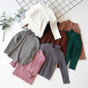 Kids Basic Half High Neck Long Sleeve Solid Color T-Shirt