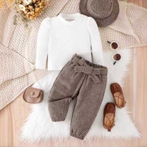 Kids Baby Girls Autumn Winter Fashion Casual Long Sleeve Knitwear Top Plaid Trousers Sets