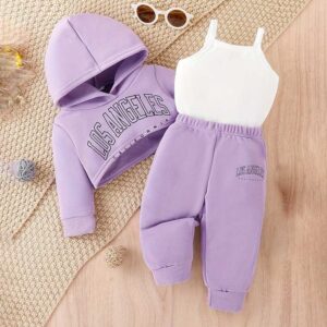 Kids Baby Girls Autumn Winter Casual Alphabet Print Long Sleeve Cropped Hoodies Camisole Trousers Three Piece Sets