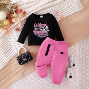 Kids Baby Girls Fashion Casual Car Alphabet Print Long Sleeve T-Shirt Trousers Sets