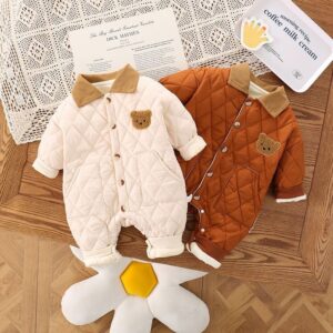 Kids Baby Boys Girls Autumn Winter Casual Cute Bear Fleeces Long Sleeve Lapel Romper