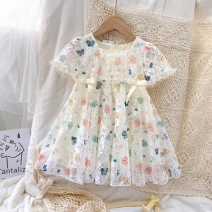 Girls Fashion Colored Butterfly Pattern Lace Dress