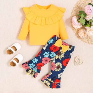 Kids Baby Girls Casual Cute Solid Color Long Sleeve Ruffled T-Shirt Floral Trousers Sets