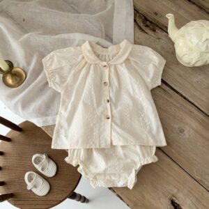 Kids Baby Girls Casual Cute Solid Color Short Sleeve Lapel Blouses Shorts Sets