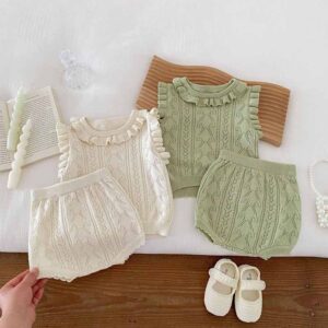 Kids Baby Girls Casual Cute Solid Color Sleeveless Knitted Top Shorts Sets