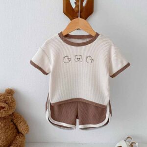 Kids Baby Boys Girls Casual Cute Cartoon Print Waffle Short Sleeve T-Shirt Shorts Sets