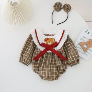Kids Baby Girls Casual Cute Carto Bear Plaid Print Long Sleeve Peter Pan Collar Romper