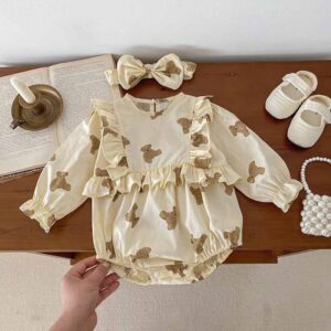 Kids Baby Girls Casual Cute Bear Print Long Sleeve Romper