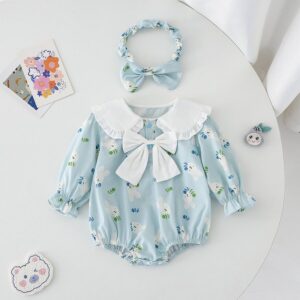 Kids Baby Girls Casual Cute Carto Rabbit Print Bow Long Sleeve Peter Pan Collar Romper