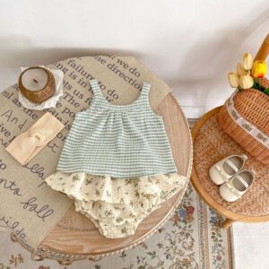 Kids Baby Girls Summer Casual Cute Plaid Print Sleeveless Camisole Tiny Flower Shorts Sets