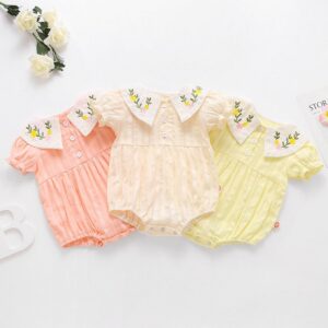 Kids Baby Girls Casual Cute Embroidery Flower Short Sleeve Peter Pan Collar Romper