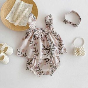 Kids Baby Girls Casual Cute Tiny Flower Print Sleeveless Strap Dress Shorts Sets