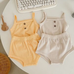Kids Baby Boys Girls Casual Cute Waffe Solid Color Sleeveless Camisole Shorts Sets