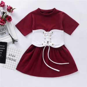 Fashion Girls Solid Color Short Sleeve A-Line Dress And White Wide Belt