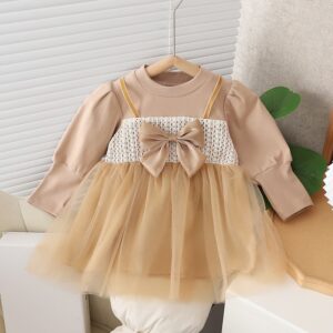 Girls Fashion Bow Mesh Long Sleeve Dress