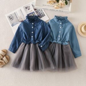 Girls Fashion Denim Mesh Stitching Dress